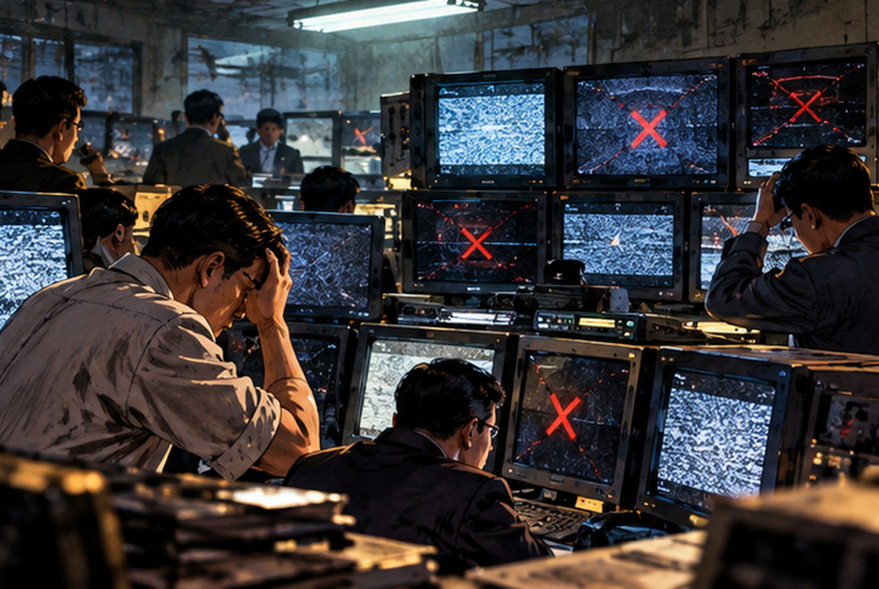 AI-generated retro graphic-novel illustration of technicians monitoring intermittent disruptions to North Korean public websites