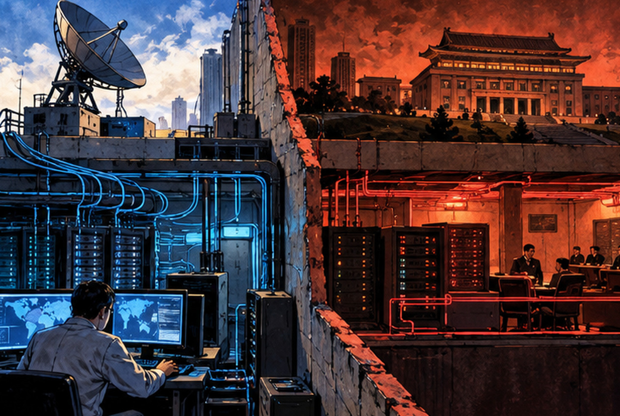 AI-generated cutaway-style illustration contrasting public-facing North Korean internet infrastructure with internal information systems using blue and red server areas
