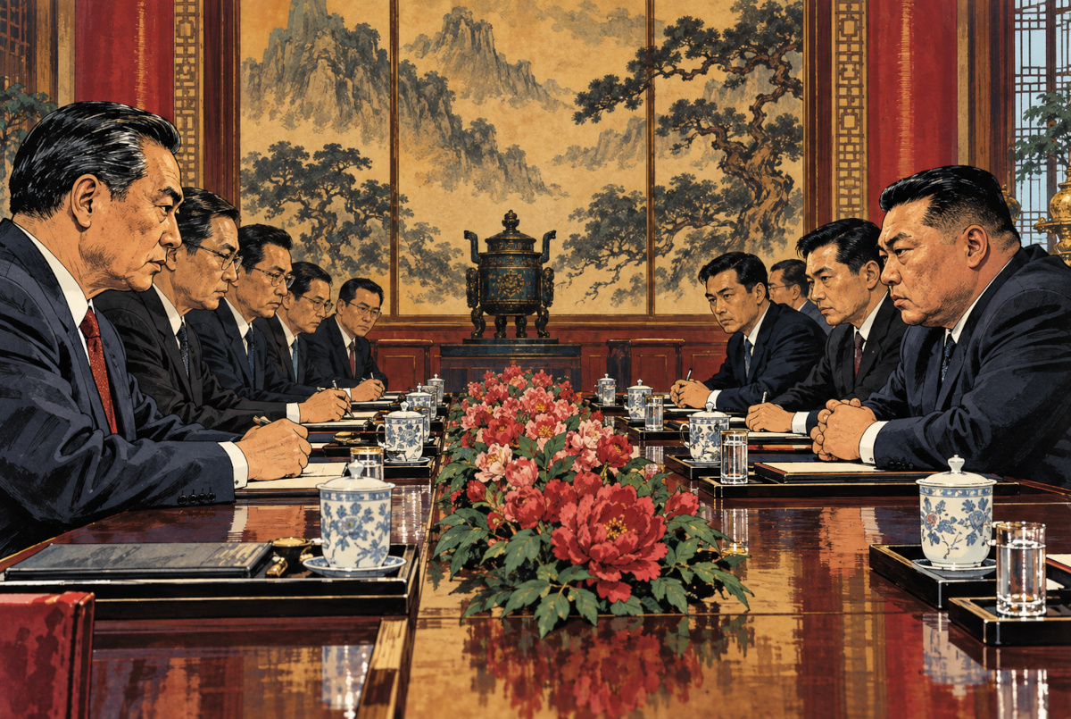 中国と北朝鮮の外交関係を象徴する、架空の代表団同士の会議を描いたAI生成劇画