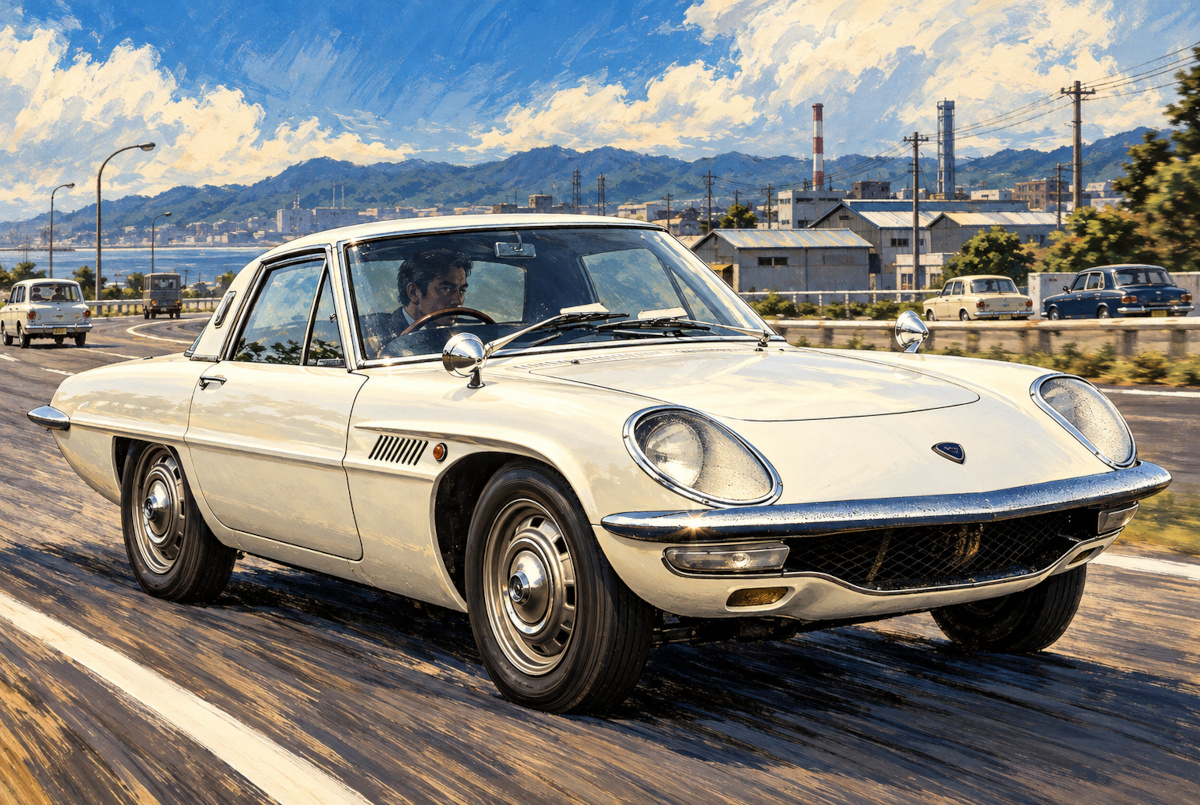 1967年のマツダ・コスモスポーツをイメージした昭和の道路の走行風景
