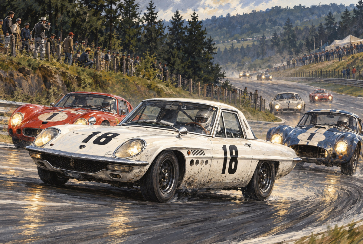 1968年ニュルブルクリンク84時間耐久レースに挑戦する18号車のコスモスポーツを題材にした歴史再現イラスト