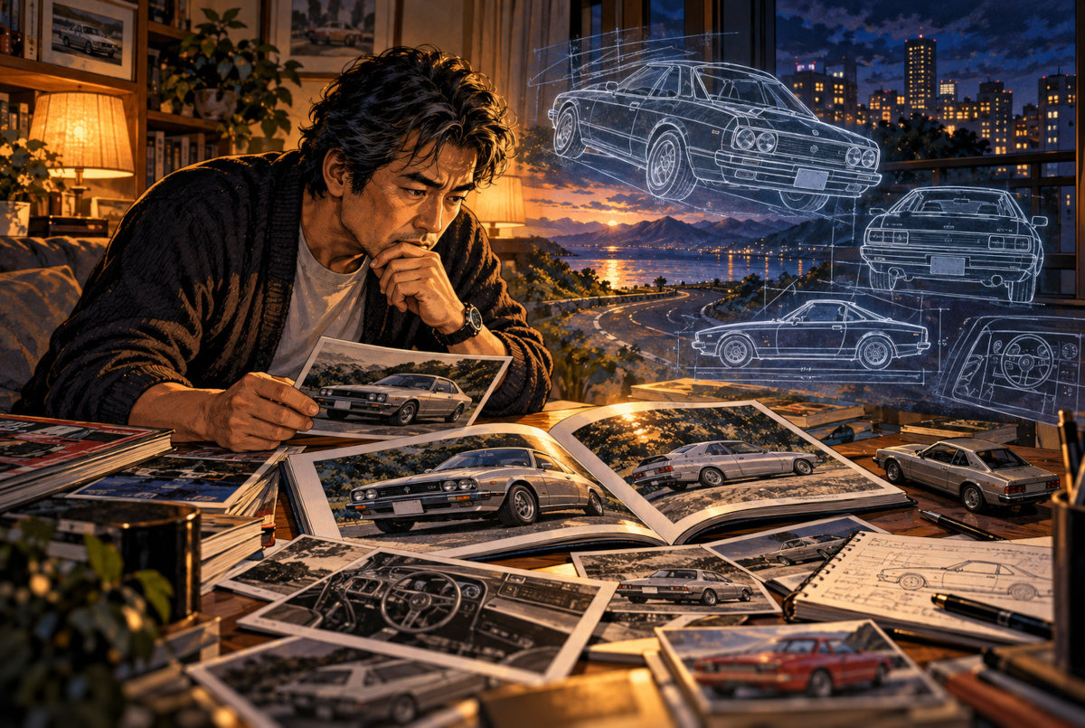 50代男性が古い車の資料を調べ、車体の図面や歴史へ好奇心を広げているイメージ