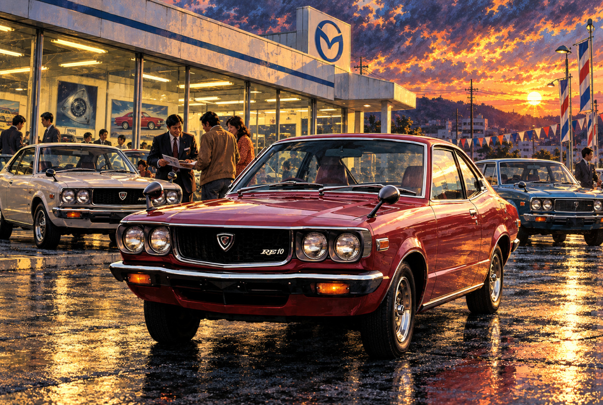 Retro-style illustration of a 1970s Mazda dealership displaying an early Savanna RX-3 coupe and other period cars