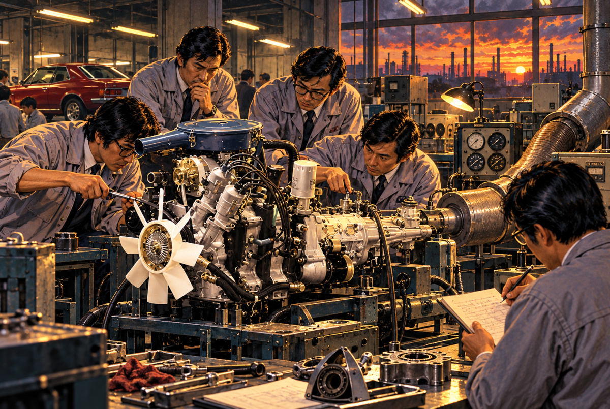 AI-generated historical interpretation of Japanese engineers studying engine and exhaust-system equipment in a 1970s research workshop