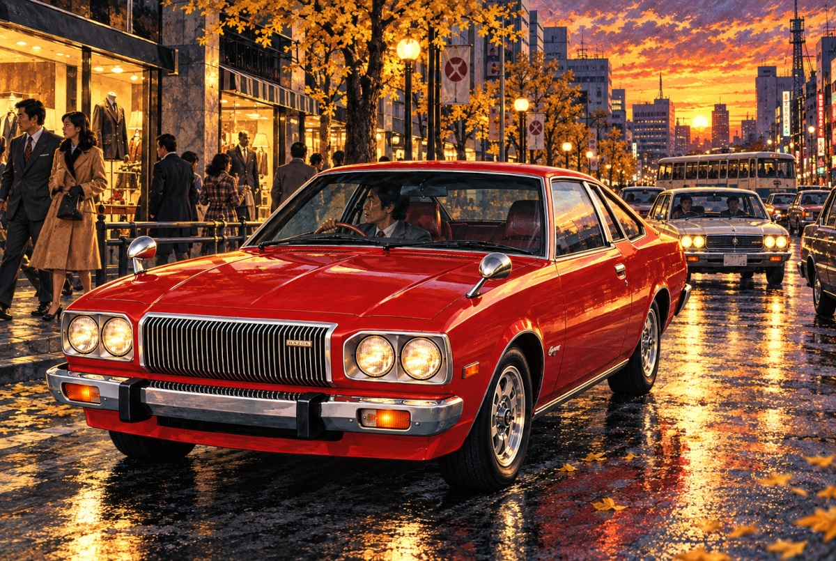 Red first-generation 1975 Mazda Cosmo AP driving along a period-inspired Japanese city street at sunset