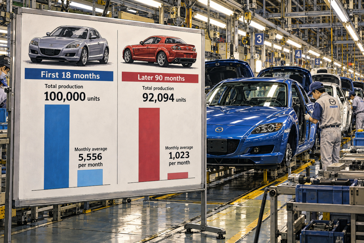 RX-8の最初の18か月の生産10万台・月平均5556台と、その後90か月の生産92094台・月平均1023台を比較するイラスト