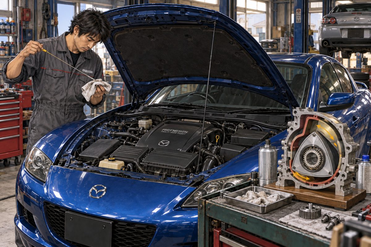 整備士が青いマツダRX-8のボンネットを開き、RENESISロータリーエンジンのオイルレベルゲージを点検するイメージイラスト