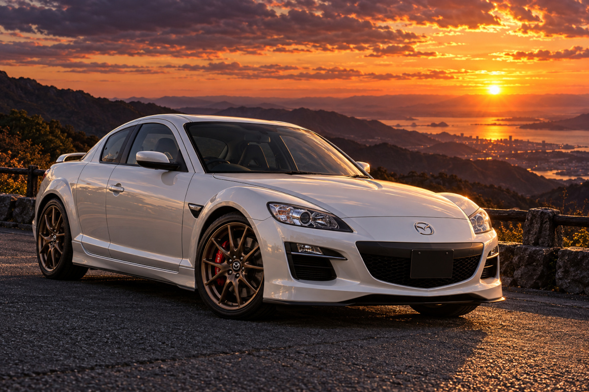 夕焼けの展望スペースに停車する白いマツダRX-8 SPIRIT Rのイメージ。ブロンズ19インチホイールと赤いブレーキキャリパーを表現